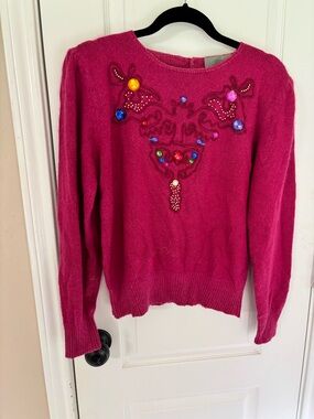 Vintage Silk Angora Rabbit Cardigan Sweater Size M Pink Beaded Sequin Holiday